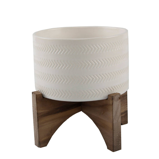 5" Arrow Ceramic Planter On Wood Stand: Glass Teal