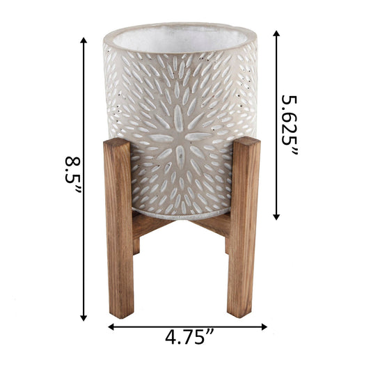 4.75" Cement Planter With Wood Stand