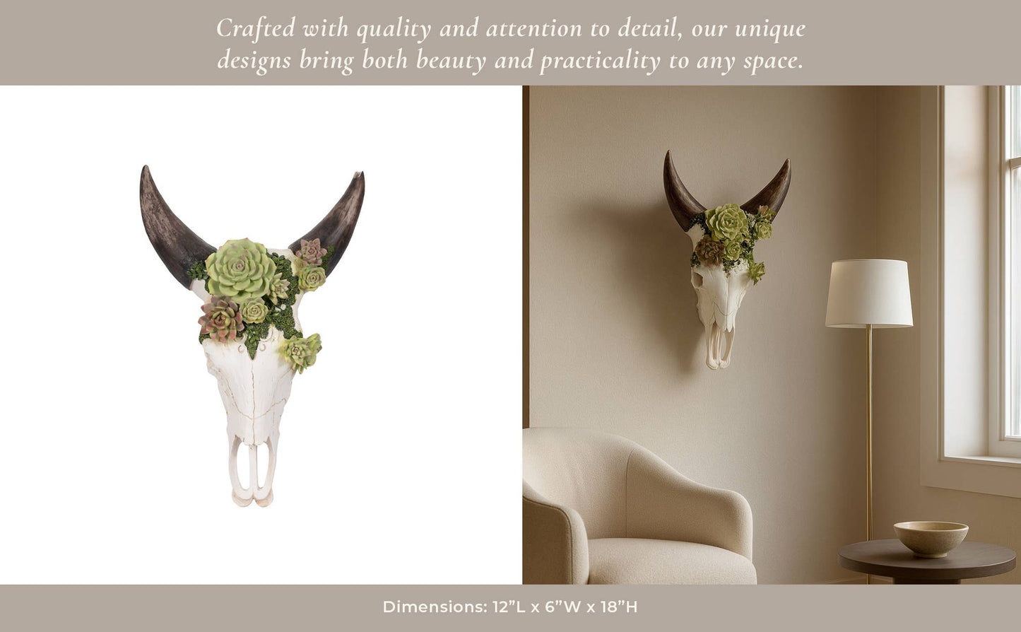 Resin Bull Skull with Flower Wall Sculpture - Ivory, 18 in.