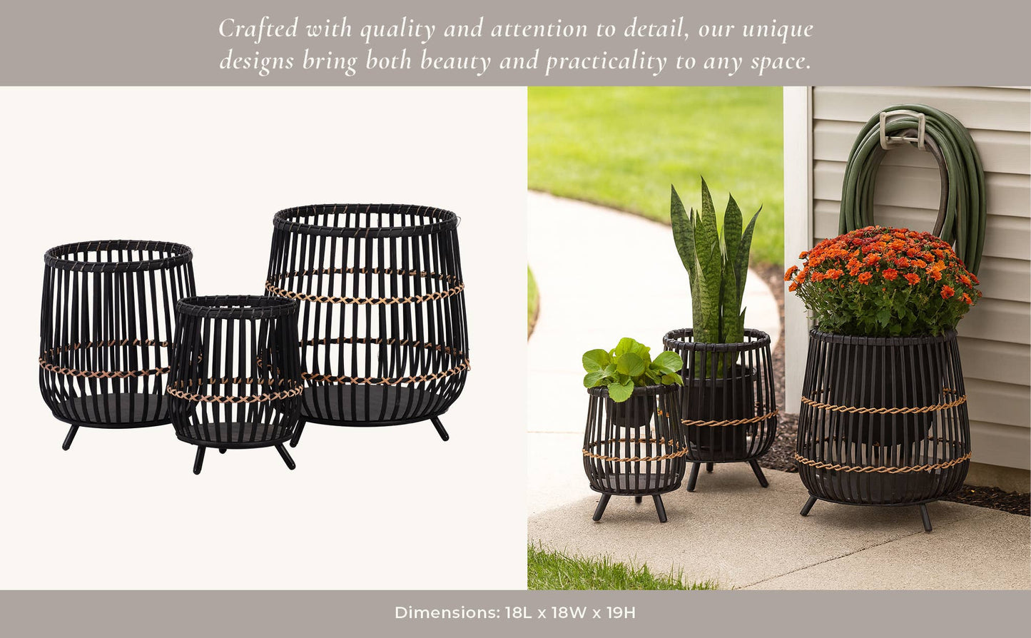 Planters Set of 3 - Black Bamboo Wood Footed, 10/14/17 in.