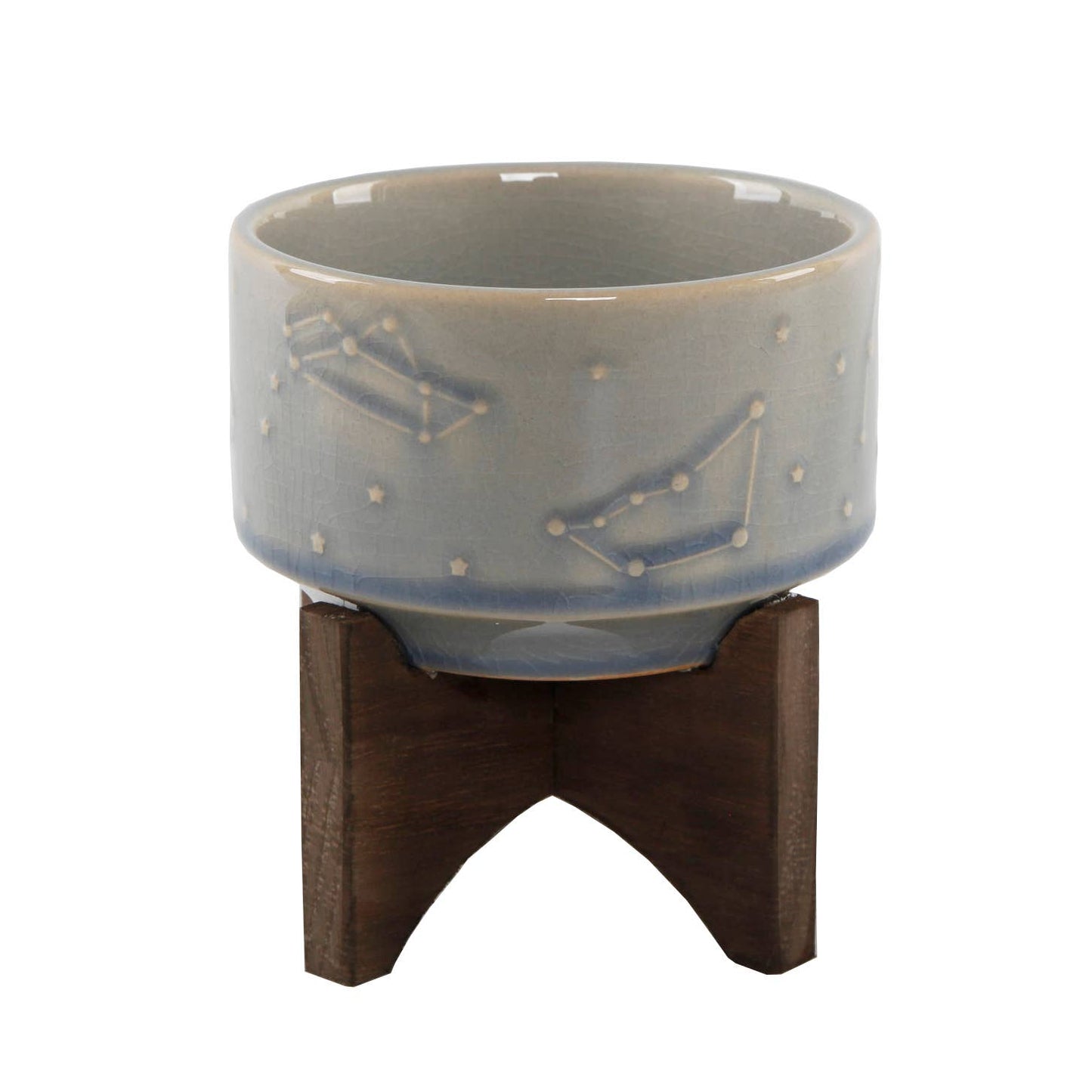 4" Constellation Ceramic Pot On Wood Stand: Ivory