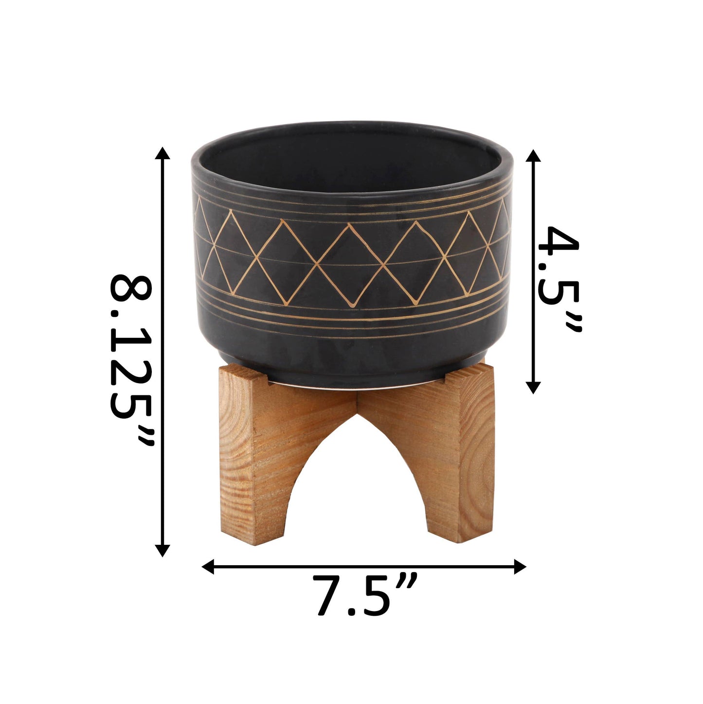 7" Black Gold Line Geo Ceramic On Stand: Black/Gold
