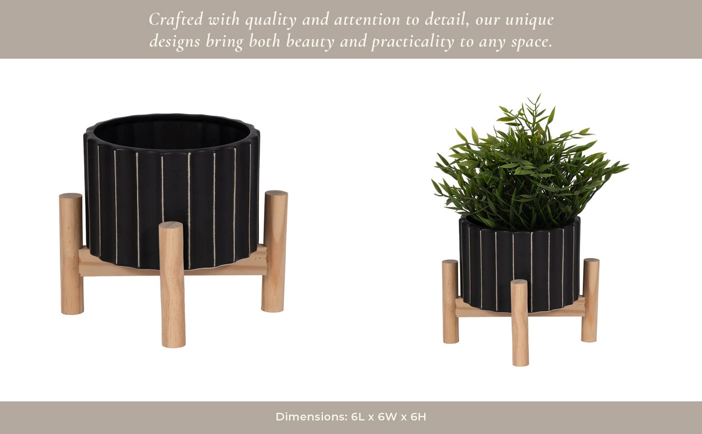 Striped Planter w/ Wood Stand 6"