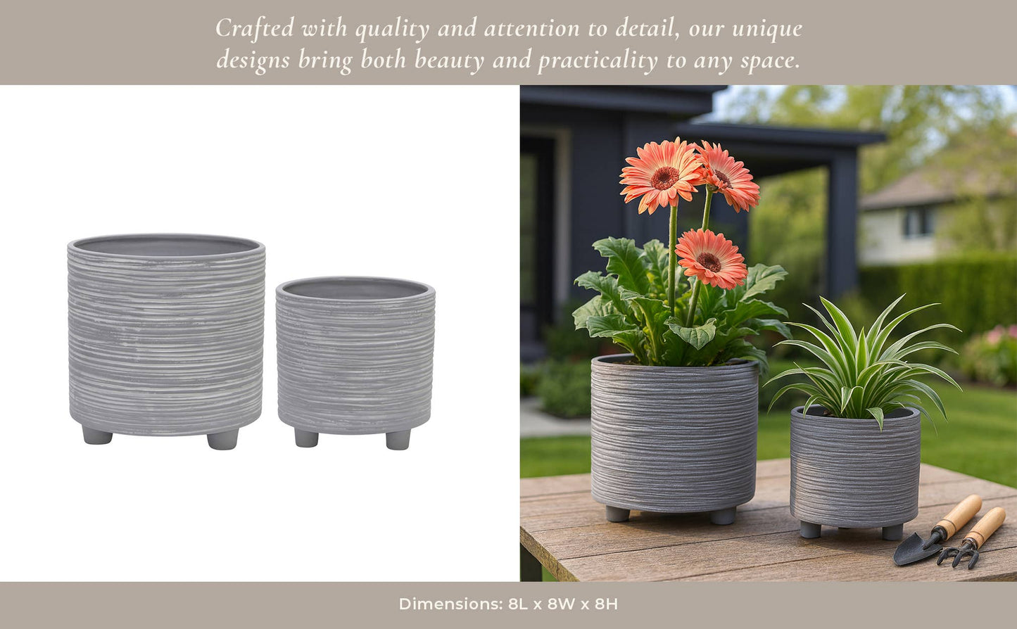 Planters Set of 2 - Gray Ceramic Footed With Lines, 6/8 in.