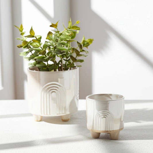 Planter Set of 2 - Ivory Ceramic Bravais Footed, 6/8 in.