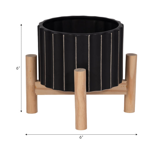 Striped Planter w/ Wood Stand 6"