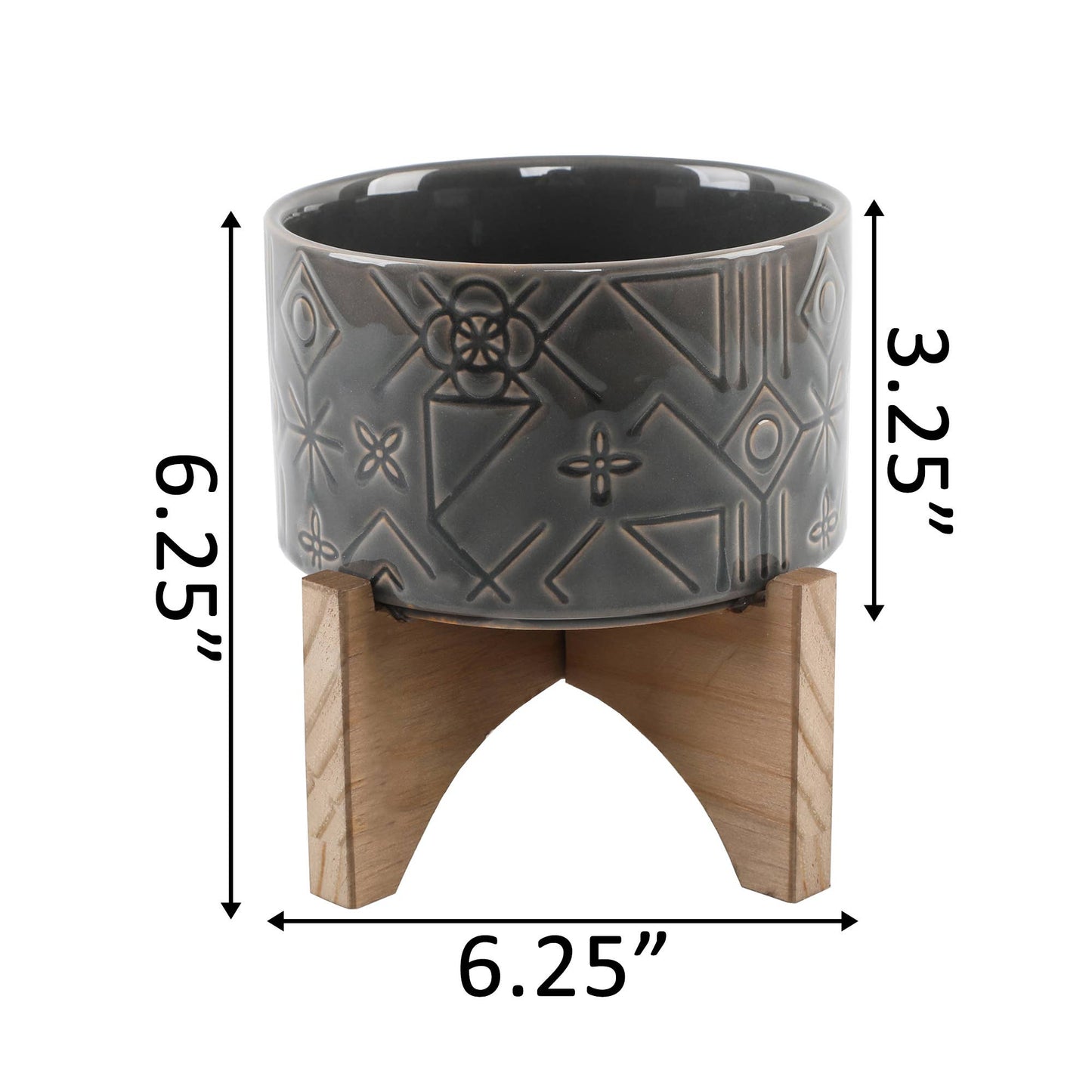 5" Pinwheel Ceramic Planter on Wood Stand,Glass Charcoal