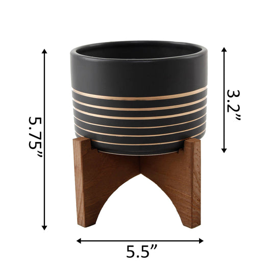4.75" Ceramic Planter on Wood Stand: Black/Gold