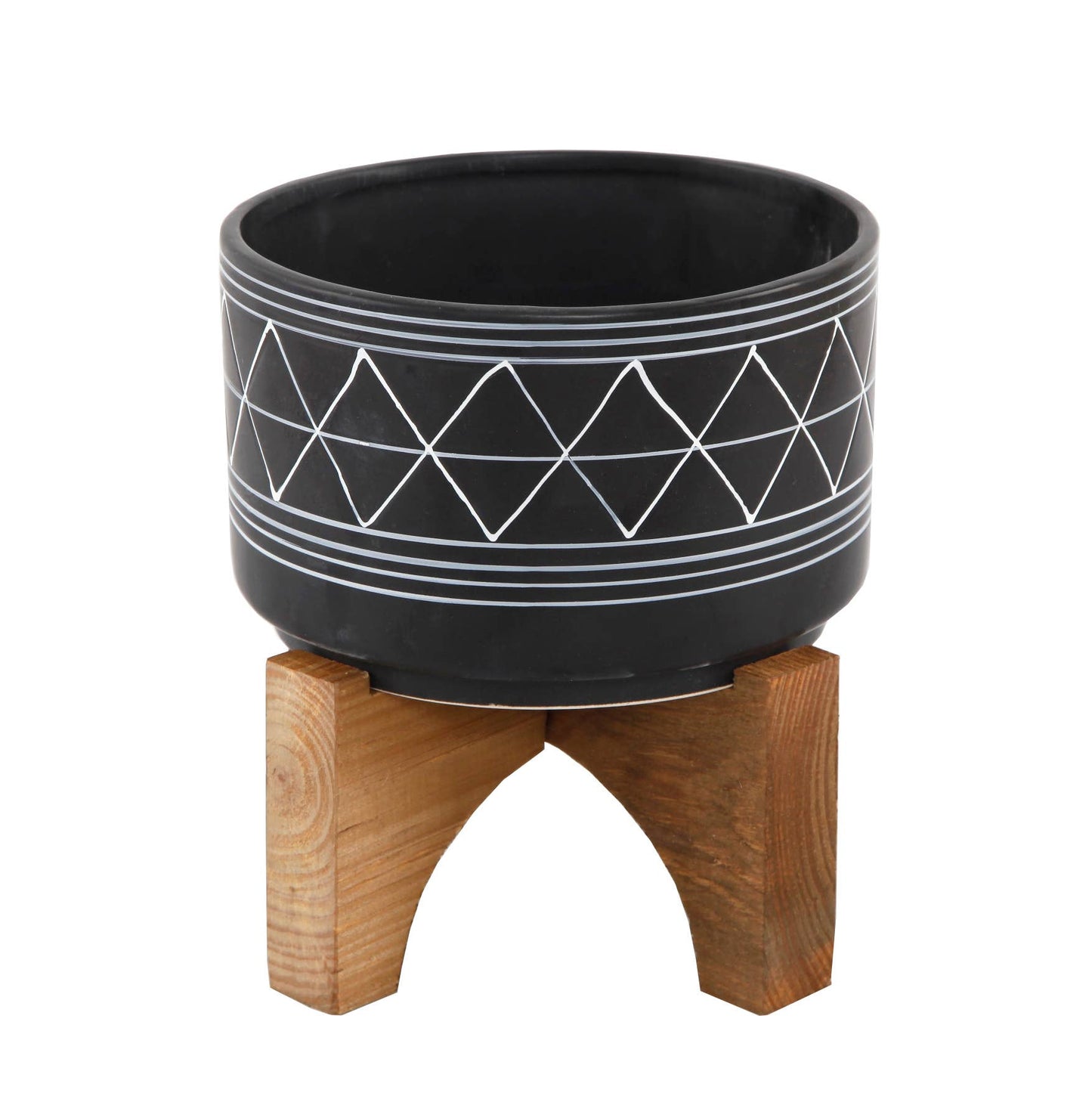 7" Black Gold Line Geo Ceramic On Stand: Black/Gold