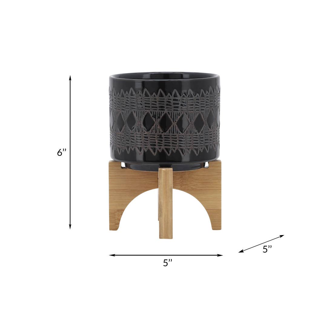 Ceramic Aztec Planter Pot on Wooden Stand - Black, 5 in.
