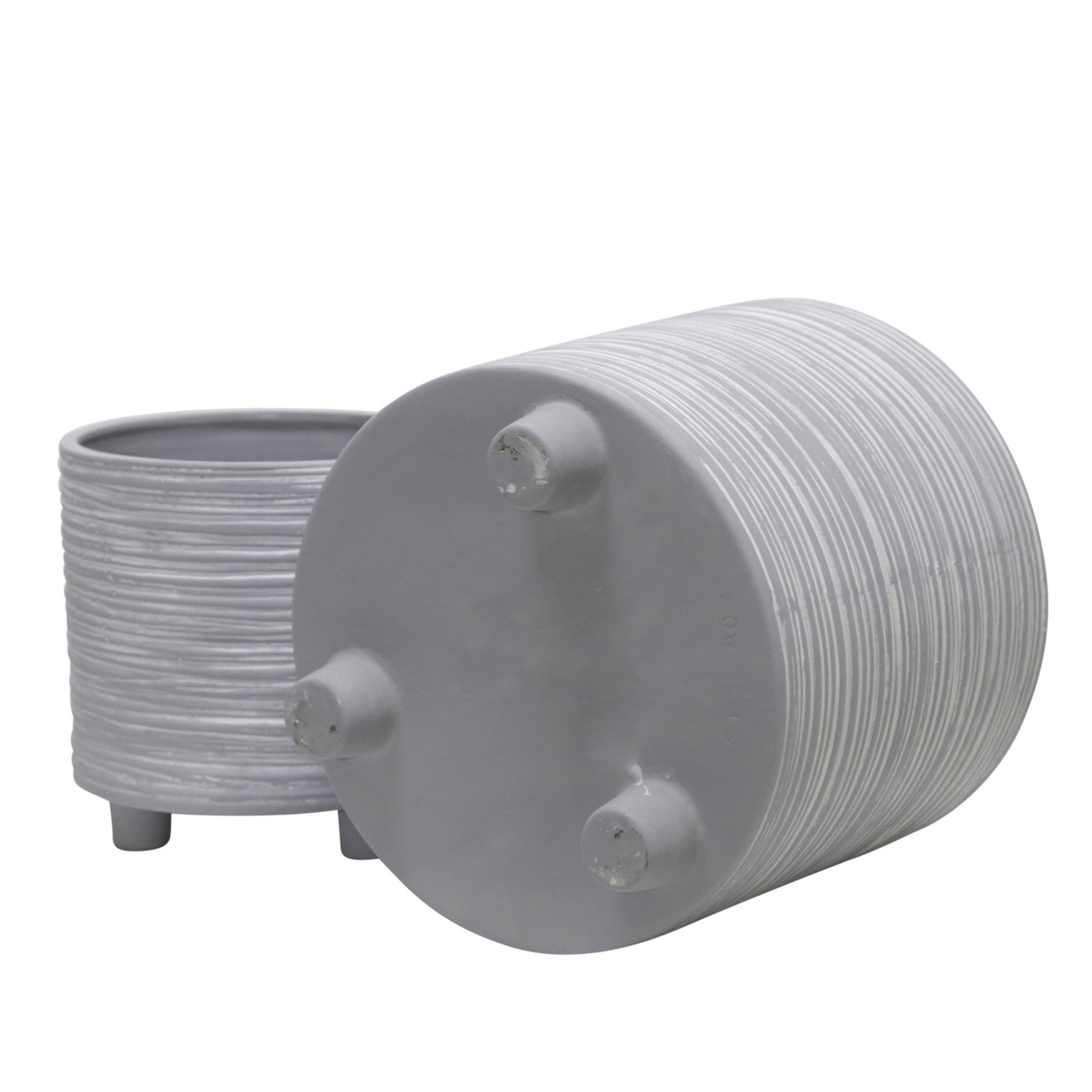 Planters Set of 2 - Gray Ceramic Footed With Lines, 6/8 in.