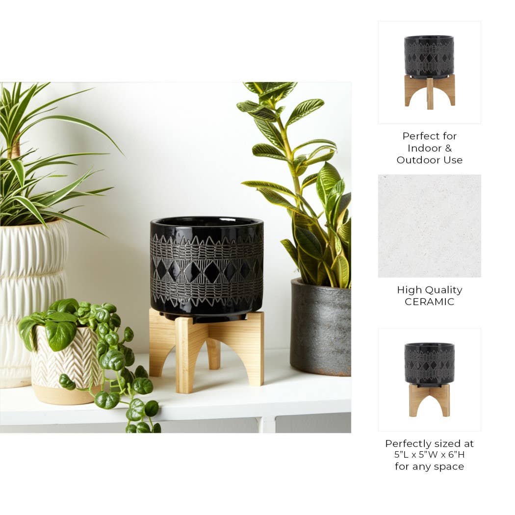 Ceramic Aztec Planter Pot on Wooden Stand - Black, 5 in.