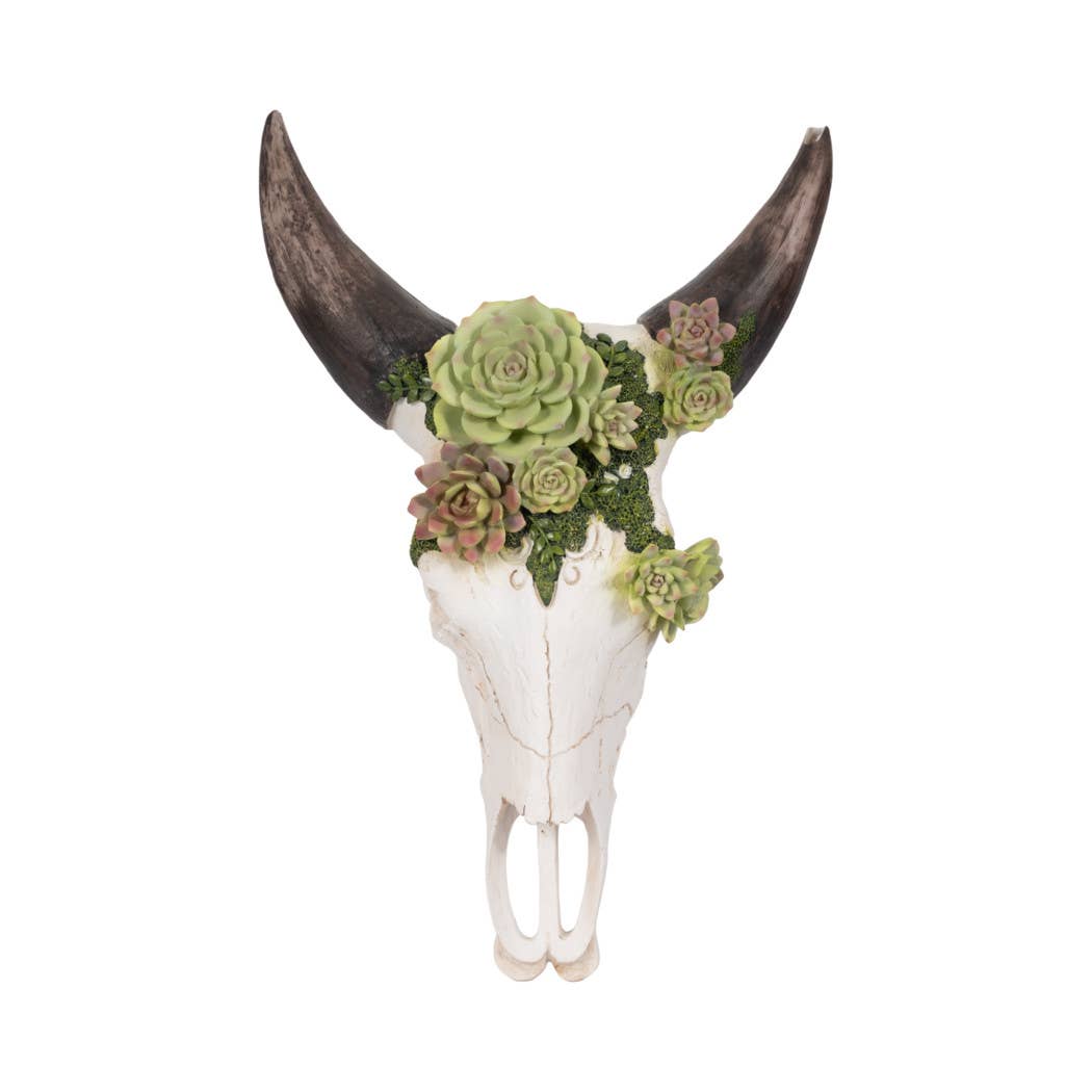 Resin Bull Skull with Flower Wall Sculpture - Ivory, 18 in.