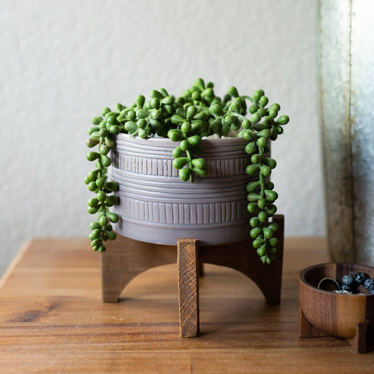 5"  Pueblo POT W WOOD STAND, Matt Grey