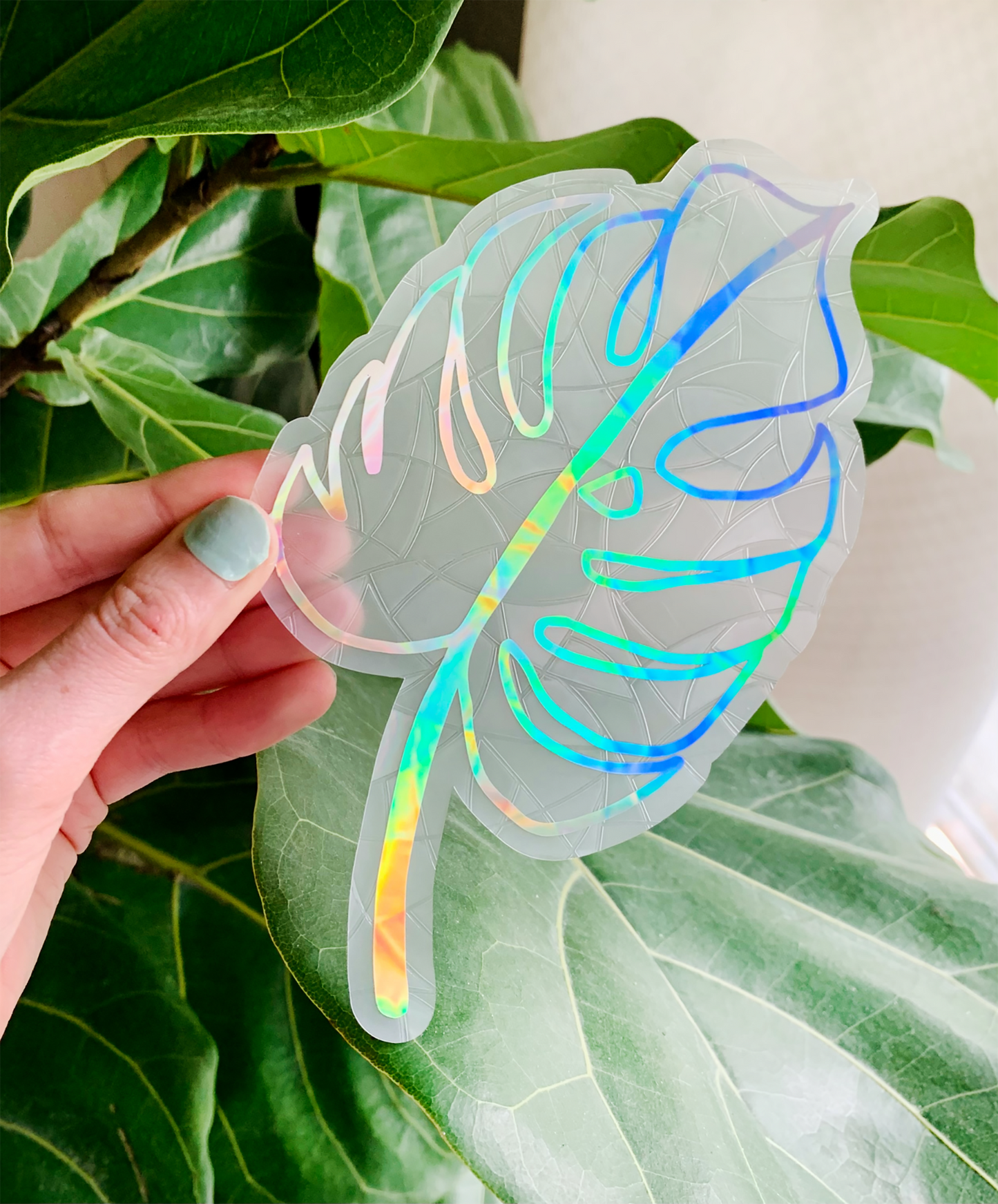 Monstera Leaf Suncatcher Window Cling: Rainbow Chrome / 5" x 5"