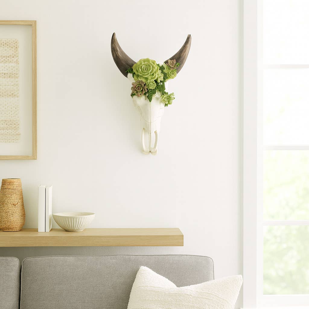 Resin Bull Skull with Flower Wall Sculpture - Ivory, 18 in.