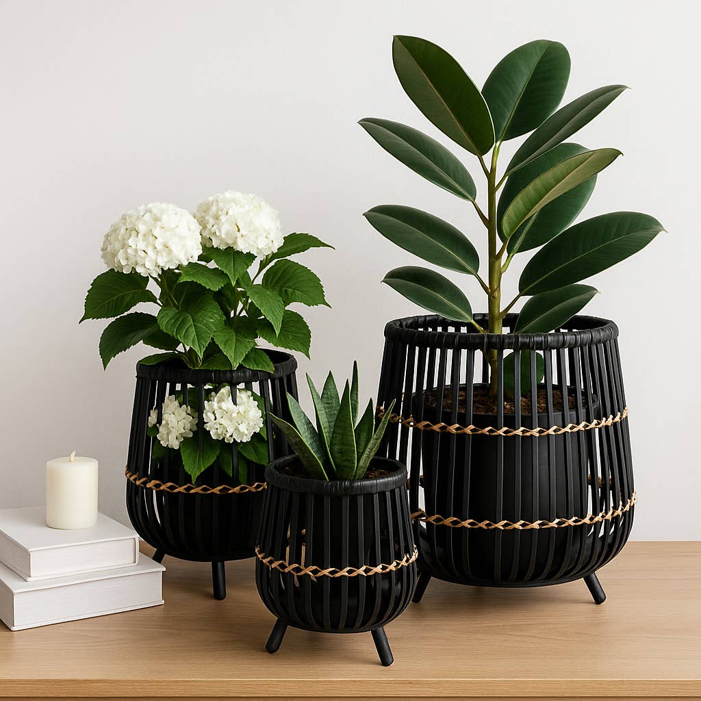 Planters Set of 3 - Black Bamboo Wood Footed, 10/14/17 in.