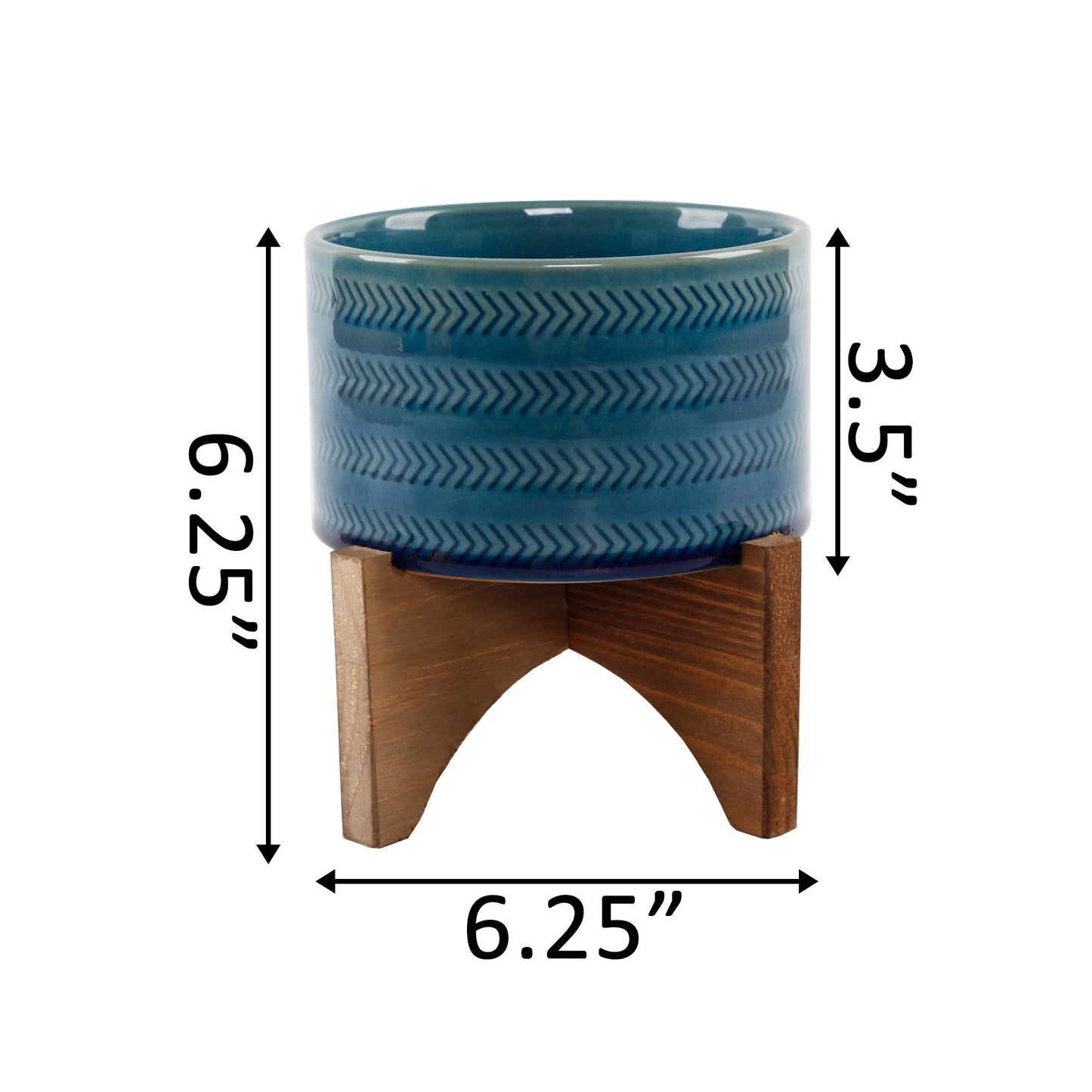 5" Arrow Ceramic Planter On Wood Stand: Glass Teal