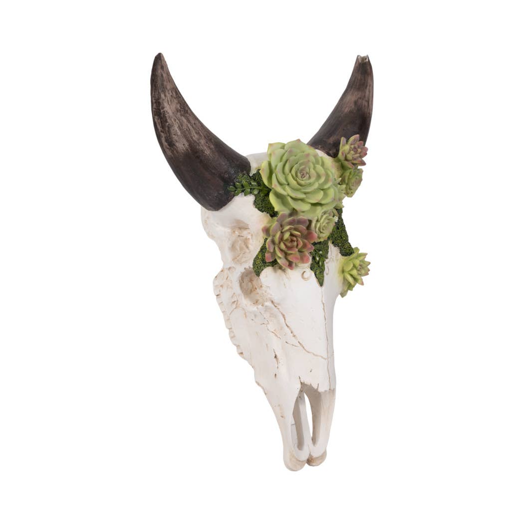 Resin Bull Skull with Flower Wall Sculpture - Ivory, 18 in.