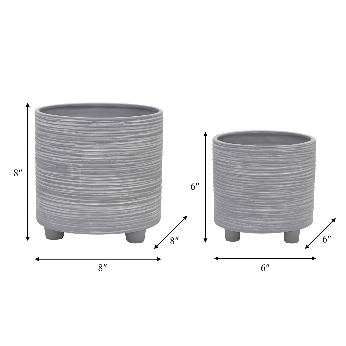 Planters Set of 2 - Gray Ceramic Footed With Lines, 6/8 in.