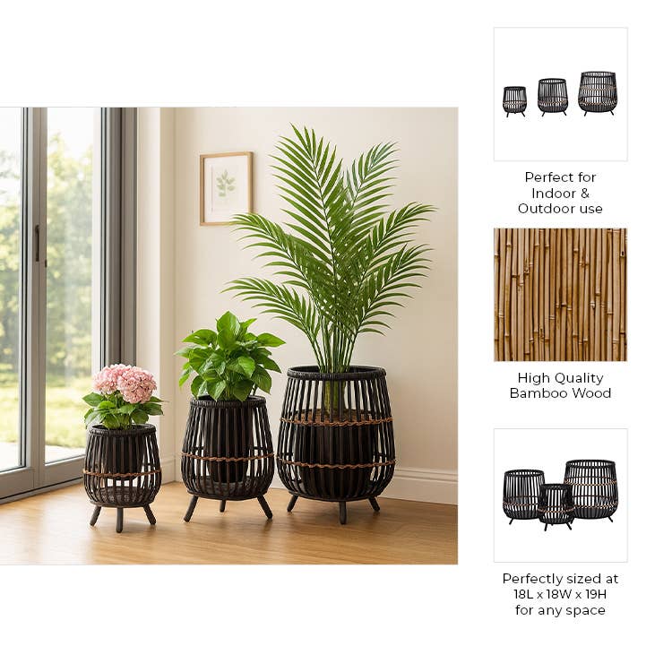 Planters Set of 3 - Black Bamboo Wood Footed, 10/14/17 in.