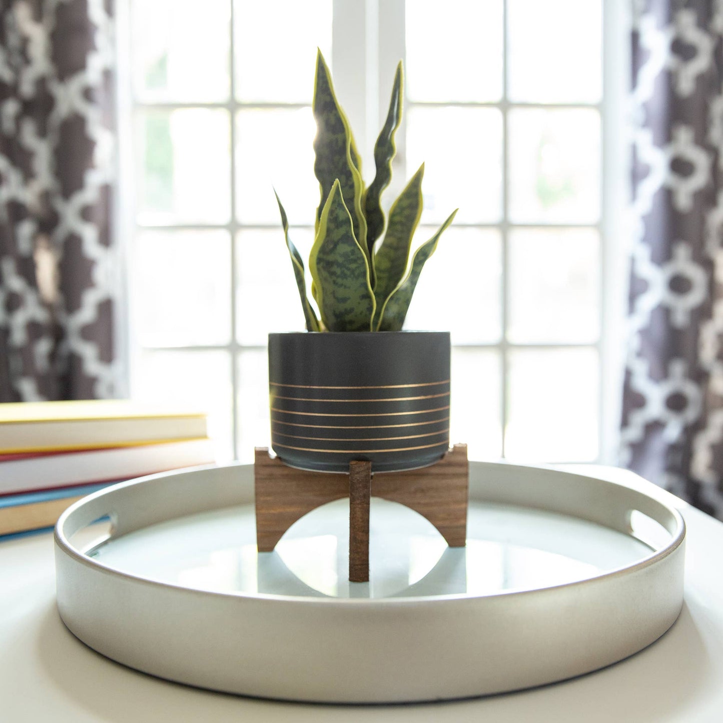 4.75" Ceramic Planter on Wood Stand: Black/Gold