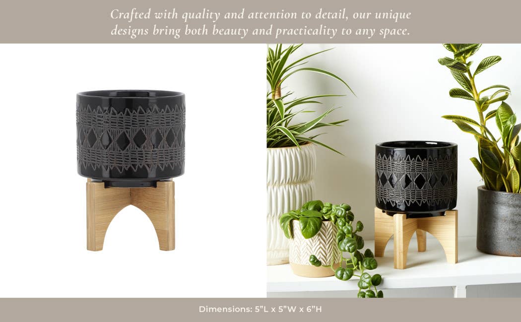 Ceramic Aztec Planter Pot on Wooden Stand - Black, 5 in.