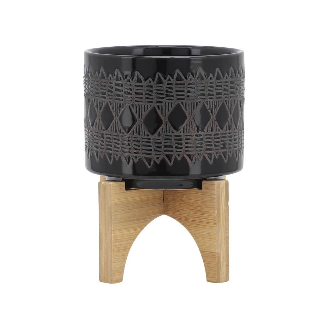 Ceramic Aztec Planter Pot on Wooden Stand - Black, 5 in.