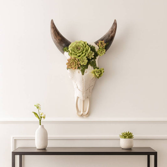 Resin Bull Skull with Flower Wall Sculpture - Ivory, 18 in.