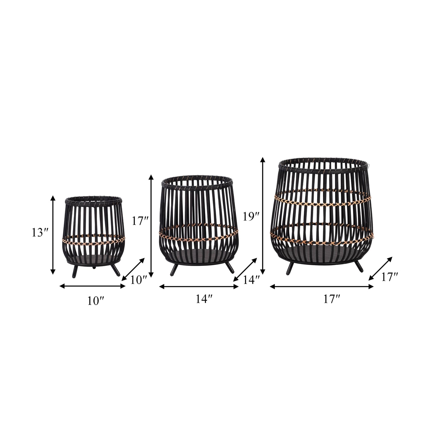 Planters Set of 3 - Black Bamboo Wood Footed, 10/14/17 in.