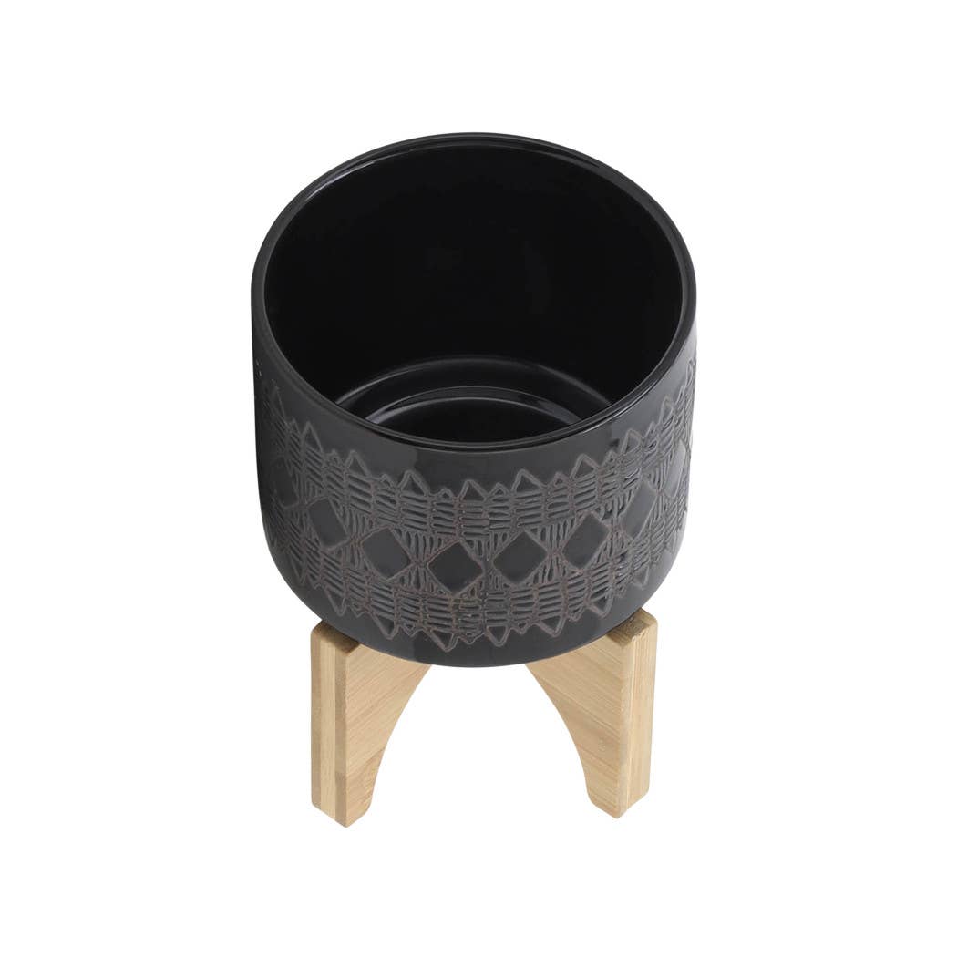 Ceramic Aztec Planter Pot on Wooden Stand - Black, 5 in.