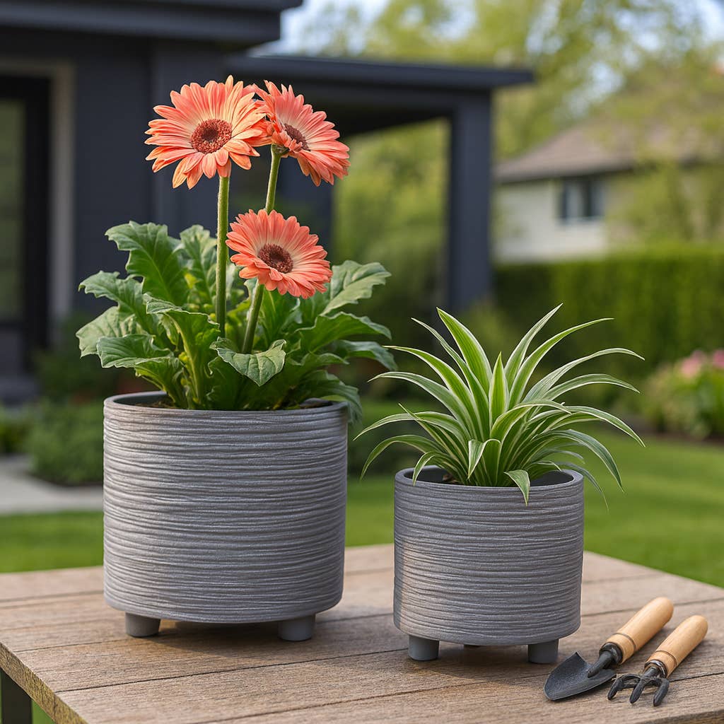 Planters Set of 2 - Gray Ceramic Footed With Lines, 6/8 in.