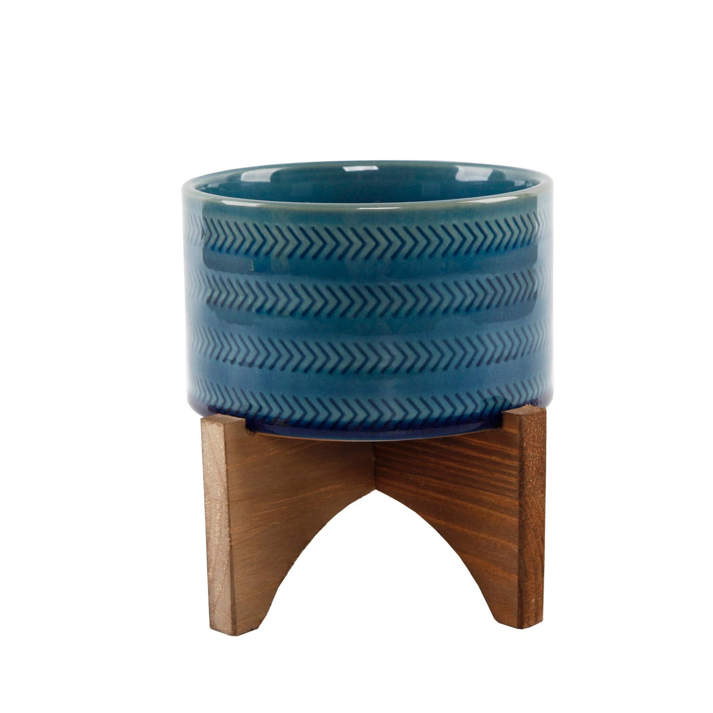 5" Arrow Ceramic Planter On Wood Stand: Glass Teal