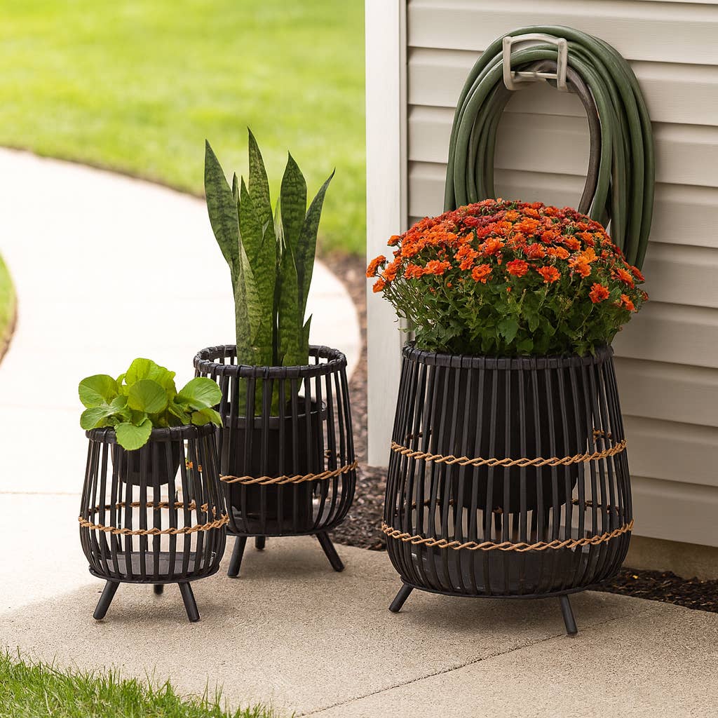 Planters Set of 3 - Black Bamboo Wood Footed, 10/14/17 in.
