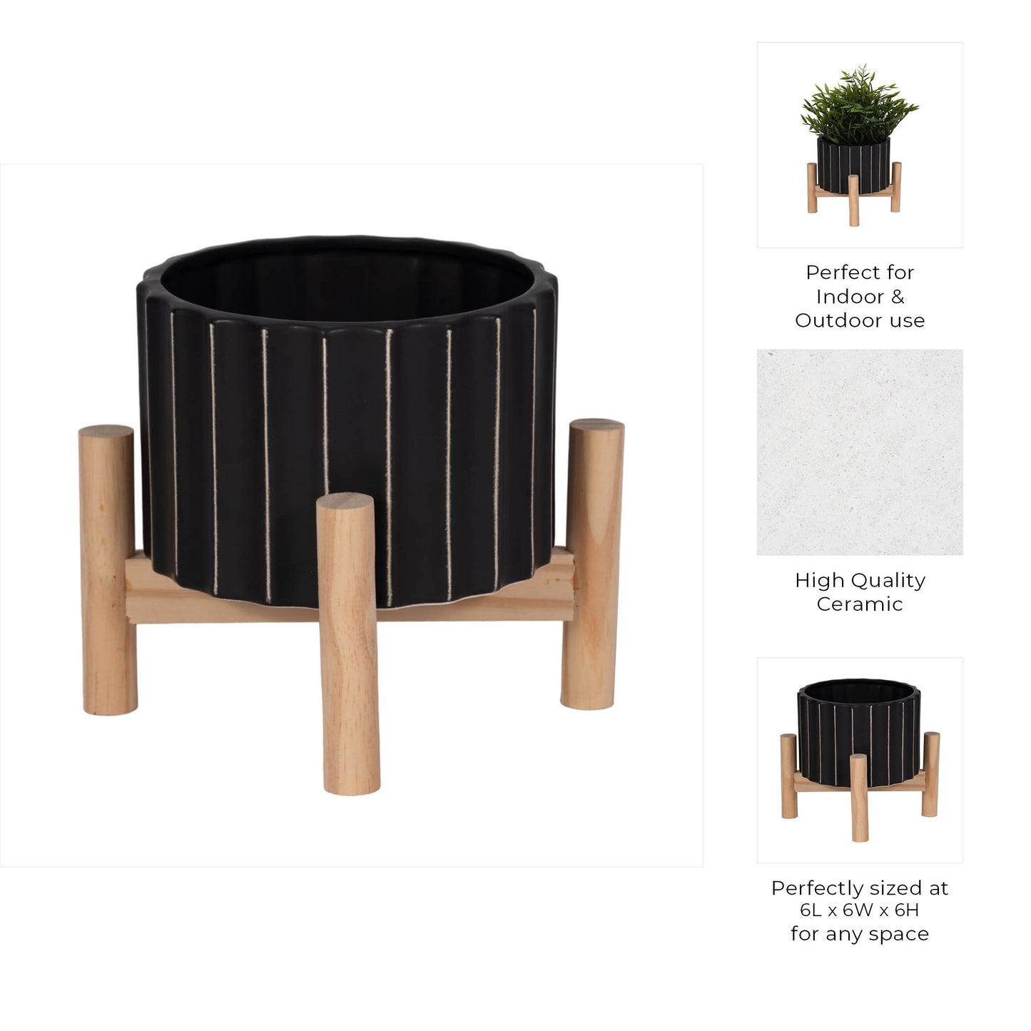 Striped Planter w/ Wood Stand 6"