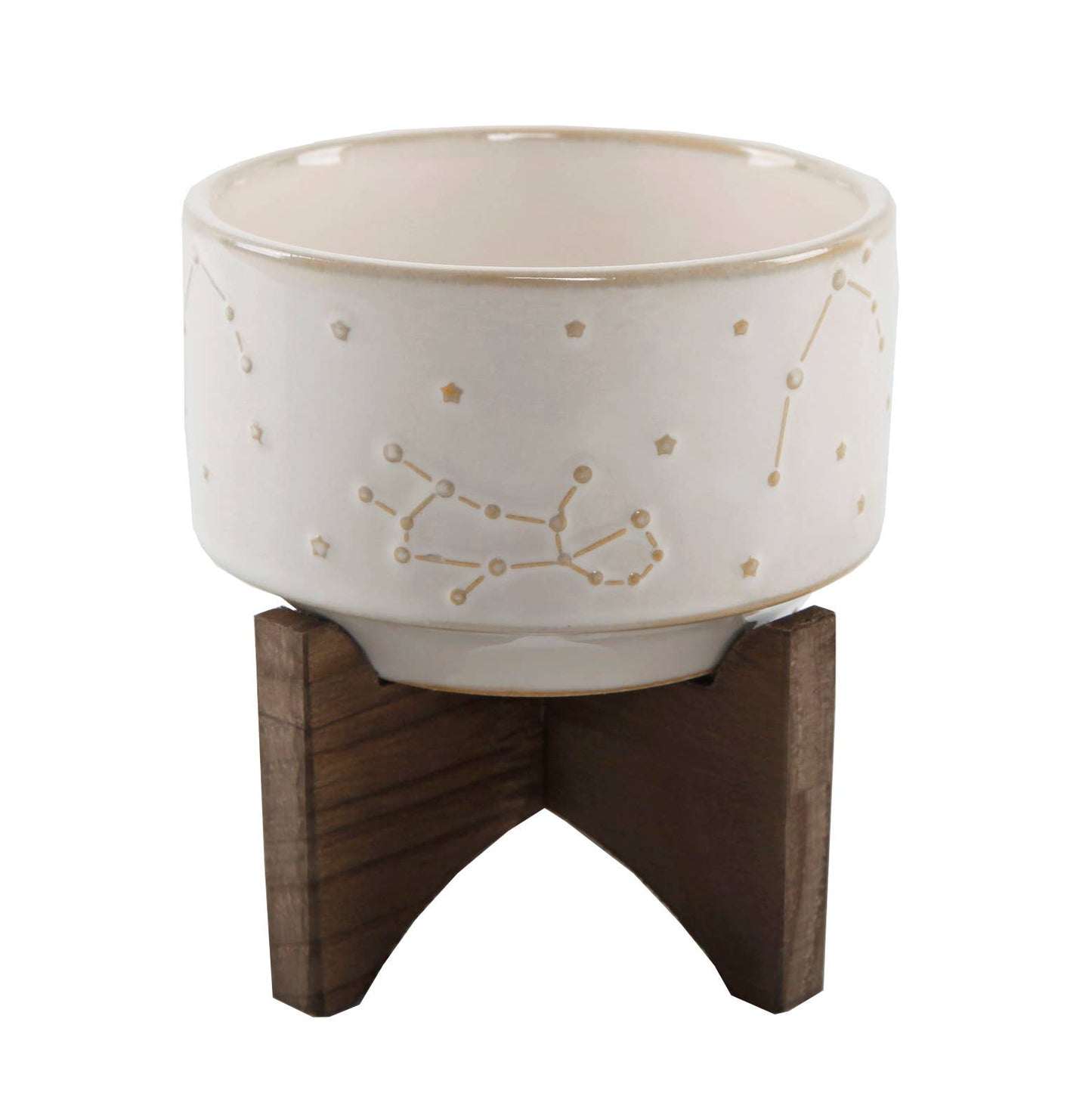 4" Constellation Ceramic Pot On Wood Stand: Ivory