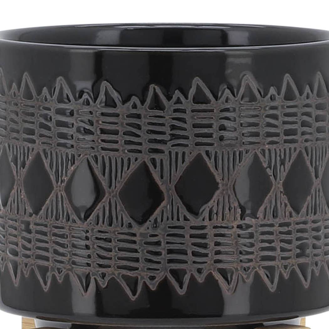 Ceramic Aztec Planter Pot on Wooden Stand - Black, 5 in.