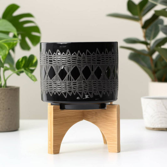 Ceramic Aztec Planter Pot on Wooden Stand - Black, 5 in.