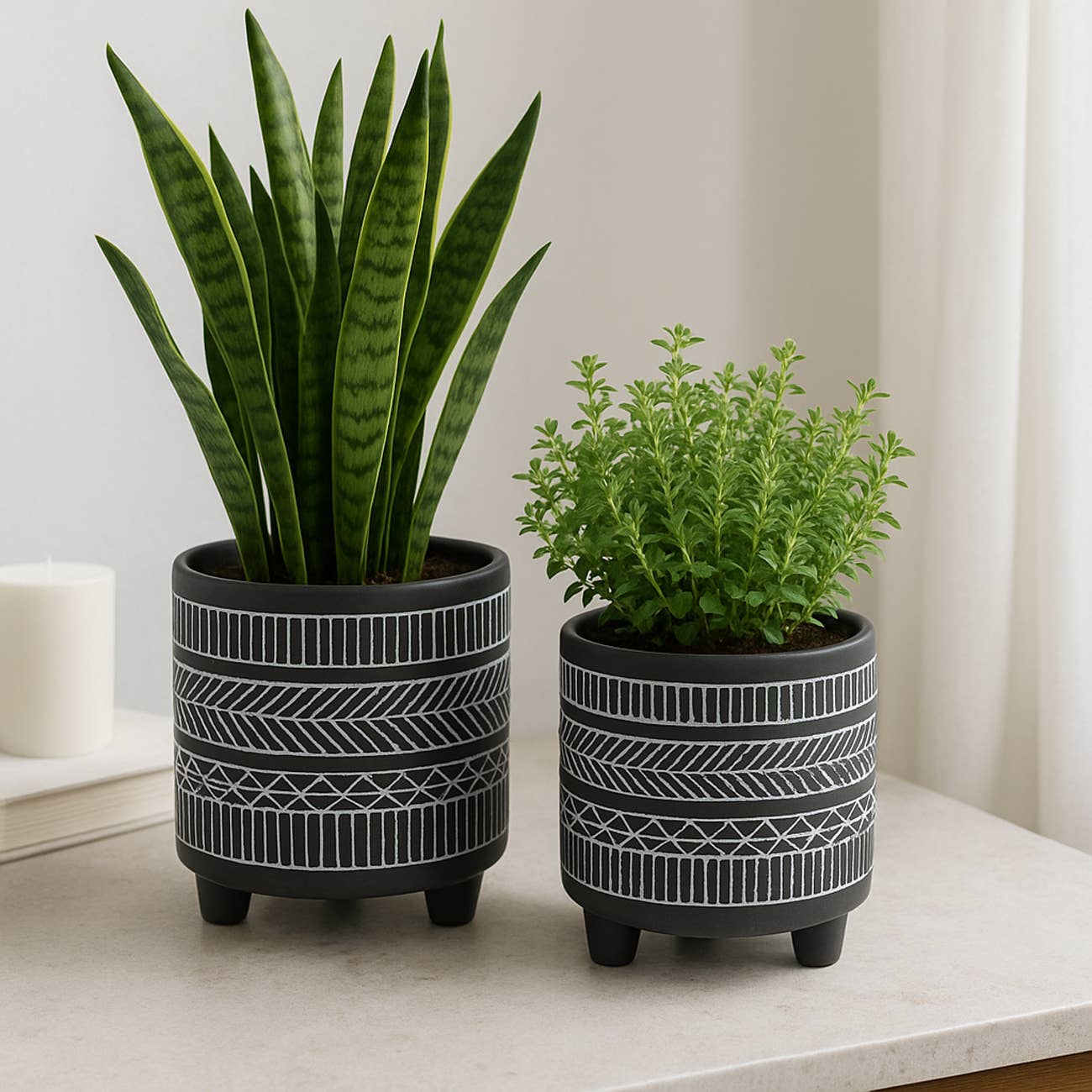 Black Ceramic Tribal Footed 6”
