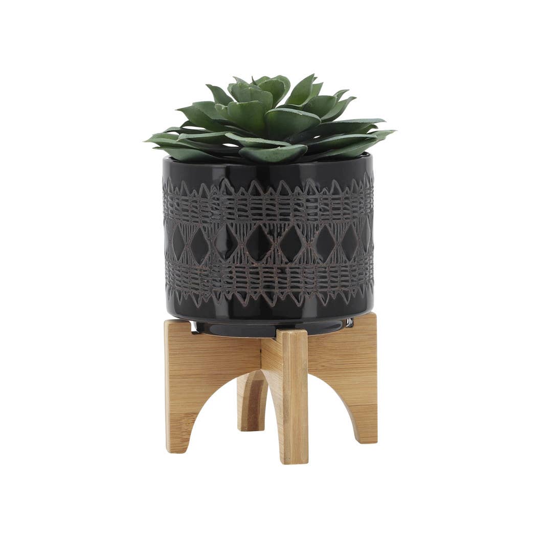 Ceramic Aztec Planter Pot on Wooden Stand - Black, 5 in.