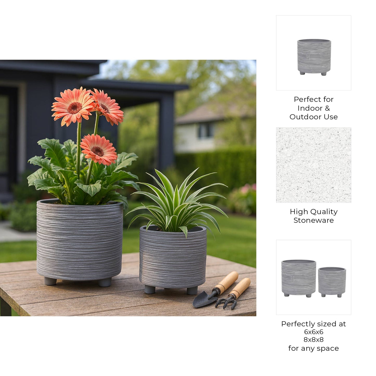 Planters Set of 2 - Gray Ceramic Footed With Lines, 6/8 in.