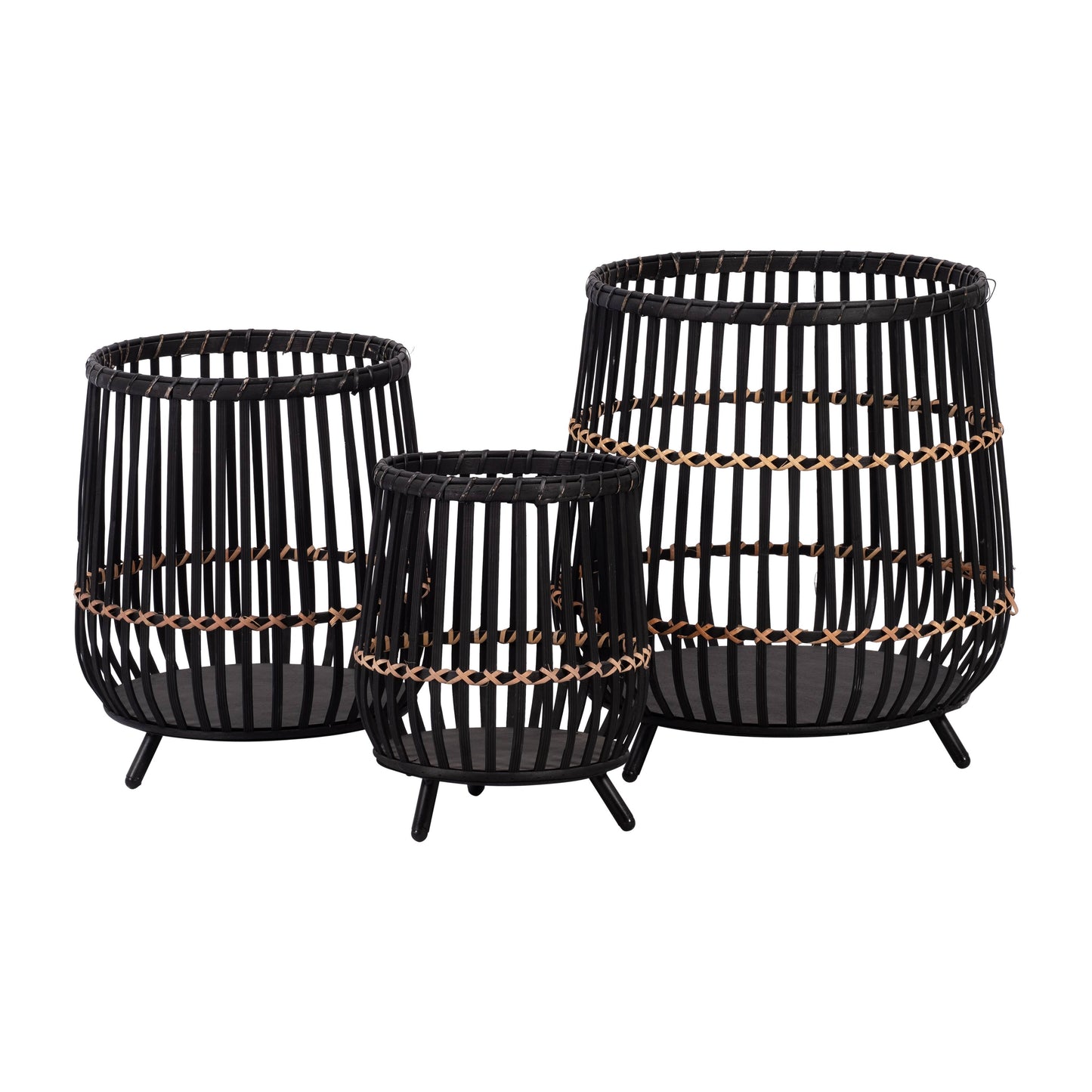 Planters Set of 3 - Black Bamboo Wood Footed, 10/14/17 in.