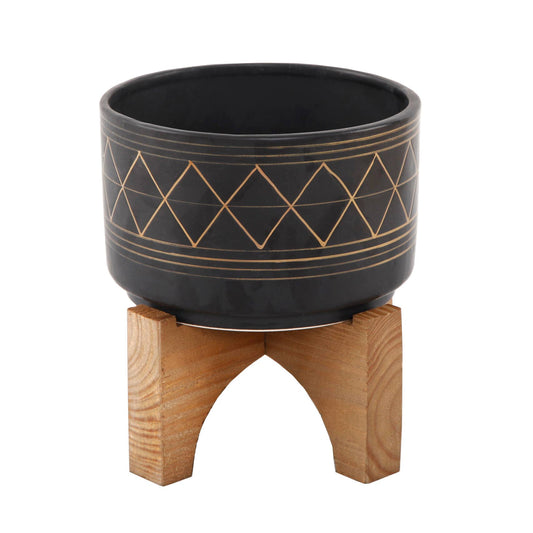 7" Black Gold Line Geo Ceramic On Stand: Black/Gold