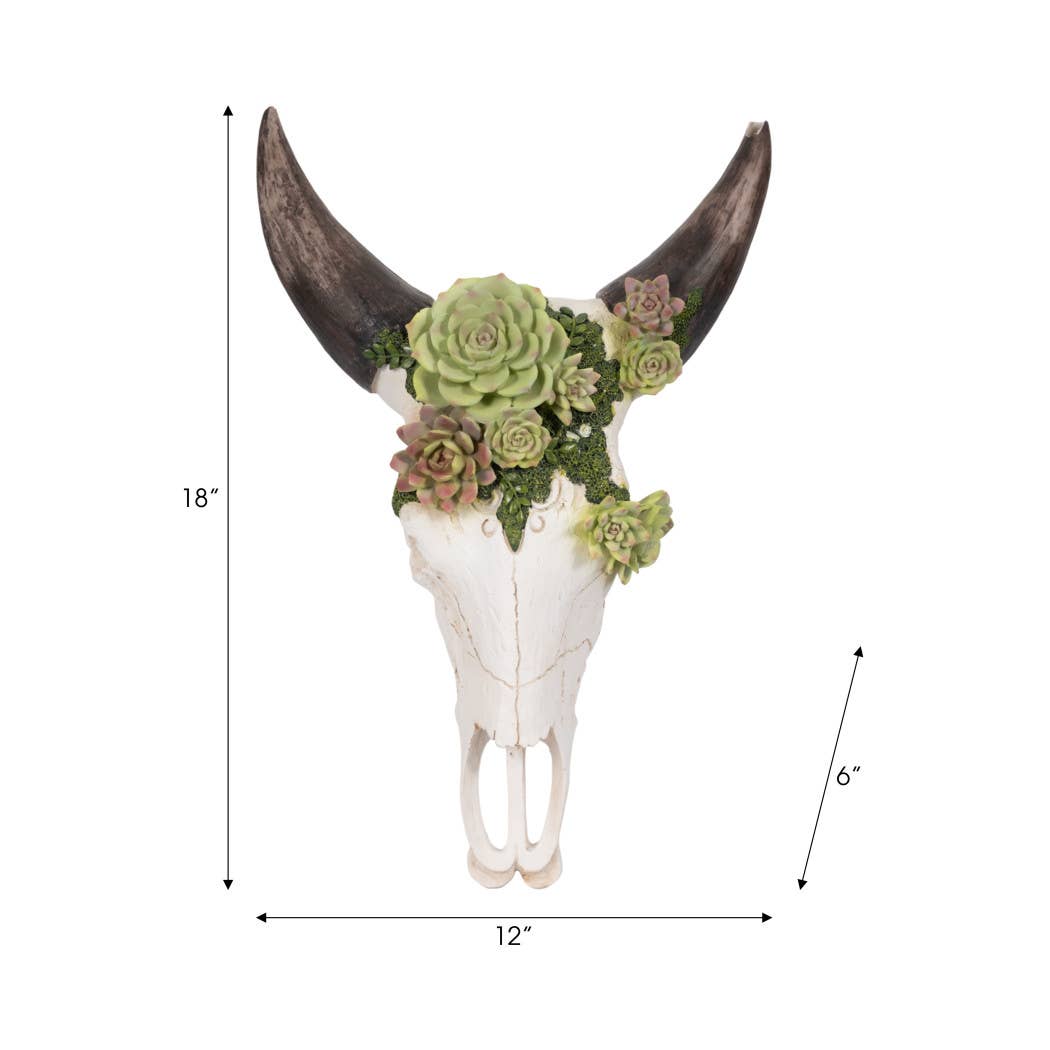 Resin Bull Skull with Flower Wall Sculpture - Ivory, 18 in.