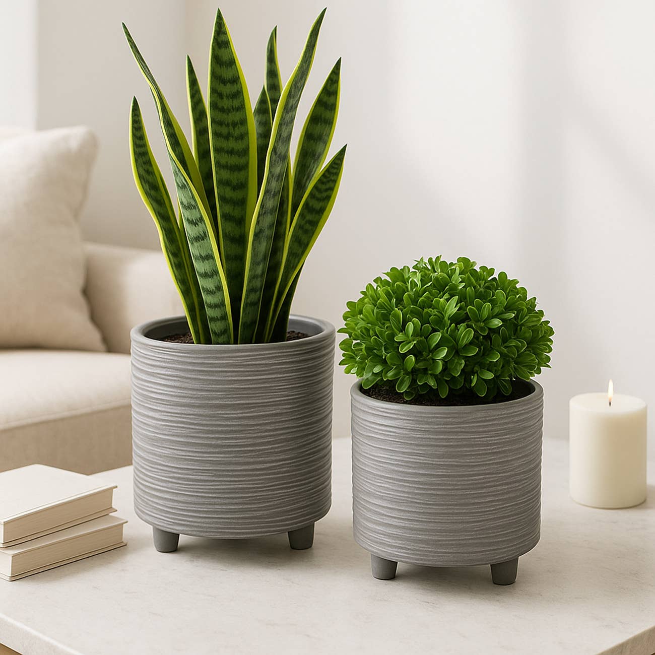 Planters Set of 2 - Gray Ceramic Footed With Lines, 6/8 in.