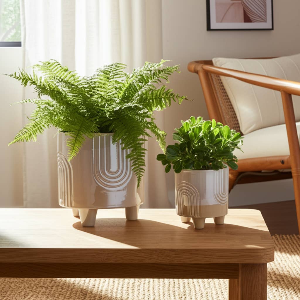Planter Set of 2 - Ivory Ceramic Bravais Footed, 6/8 in.