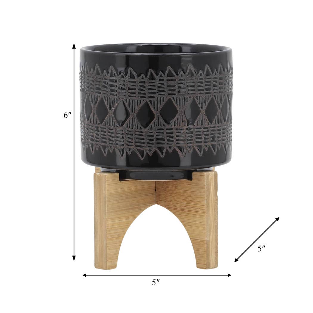Ceramic Aztec Planter Pot on Wooden Stand - Black, 5 in.