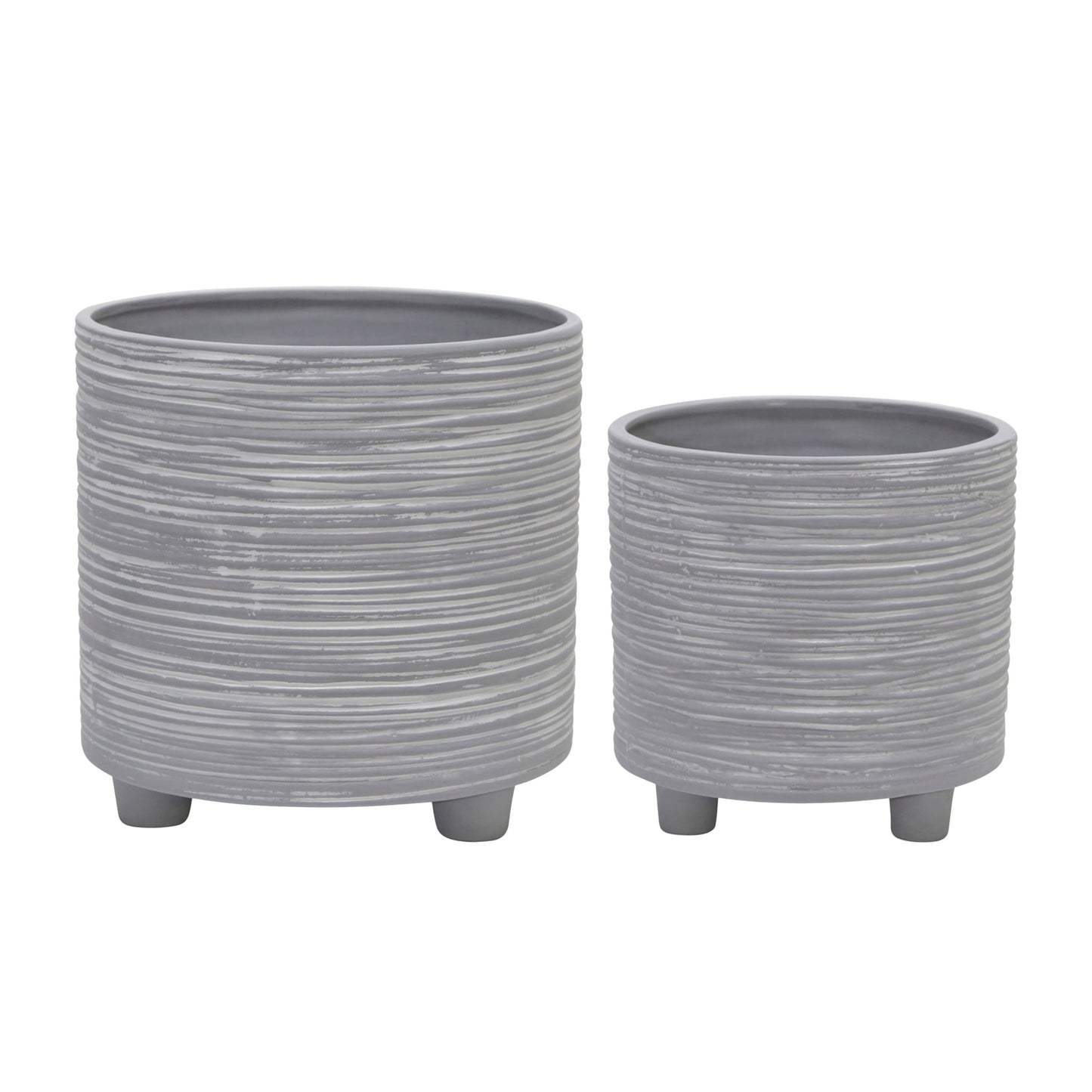 Planters Set of 2 - Gray Ceramic Footed With Lines, 6/8 in.
