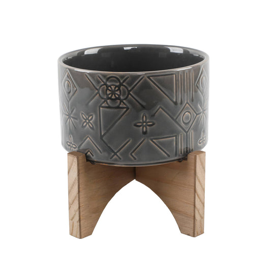 5" Pinwheel Ceramic Planter on Wood Stand,Glass Charcoal