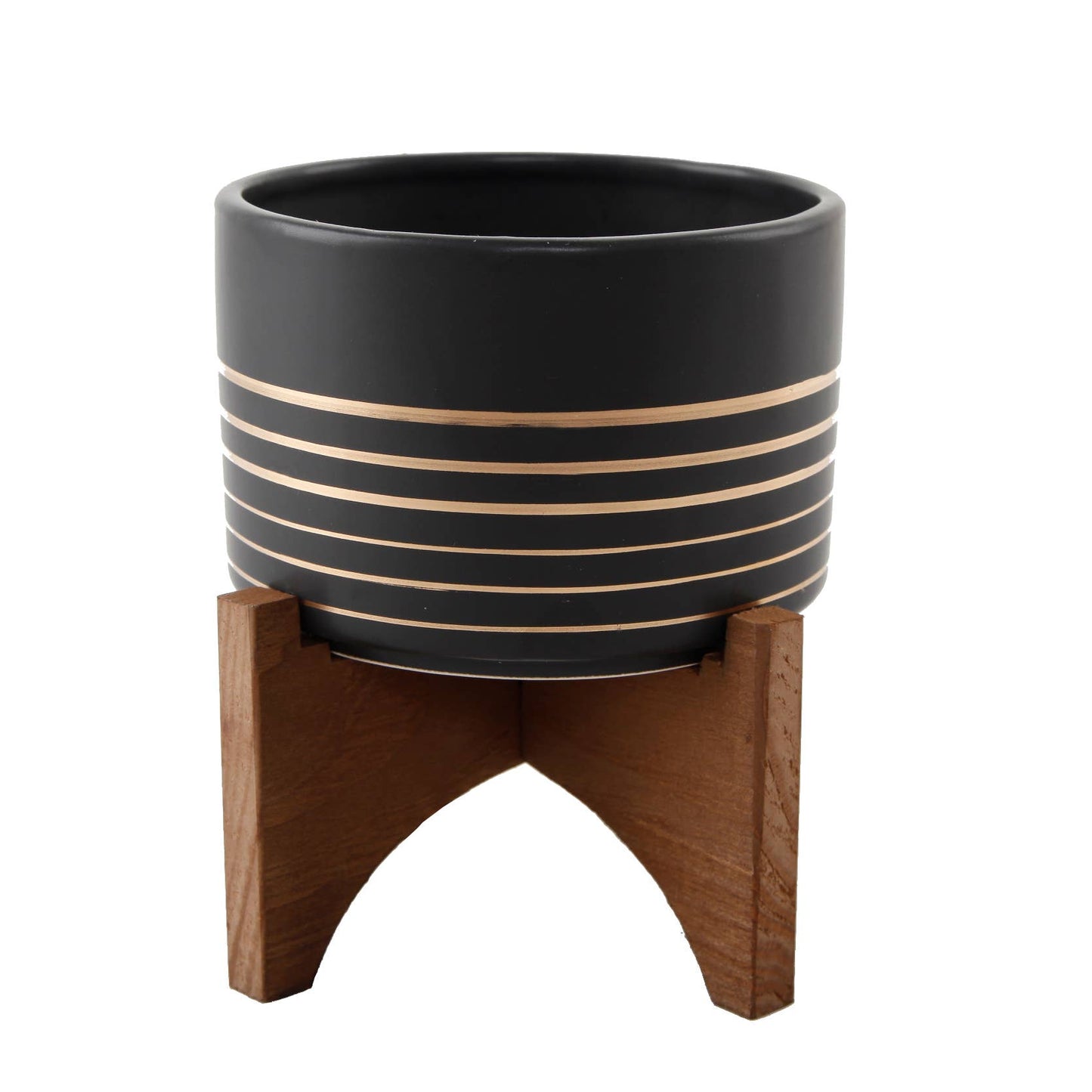 4.75" Ceramic Planter on Wood Stand: Black/Gold
